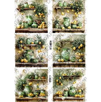 Umělecký papír Rýžový a soft papír na decoupage - Kuchyně - zelená žlutá - KB03868 Materiál: Rýžový papír, Rozměr: A4