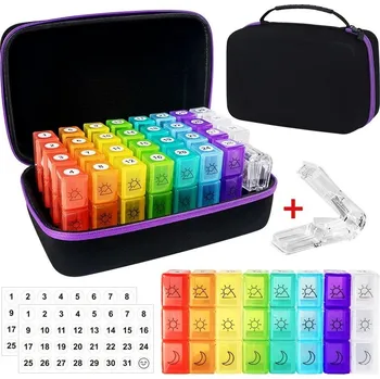 Dávkovač léků Dávkovač léků pro přehledné užívání každý den | organizér léků, box na léky - Fialový dělič pilulek