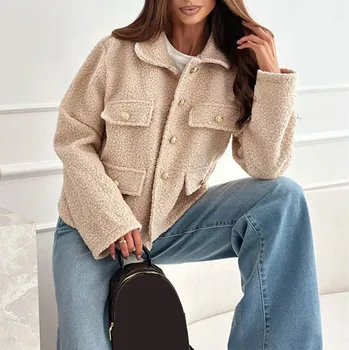 Dámská softshellová bunda vlněný kabát ve volném střihu s klopami a kapsami Barva: Béžová, Velikost: XL