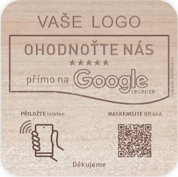 Samolepící etiketa NFC + QR dřevěná destička pro Google recenze s vlastním logem