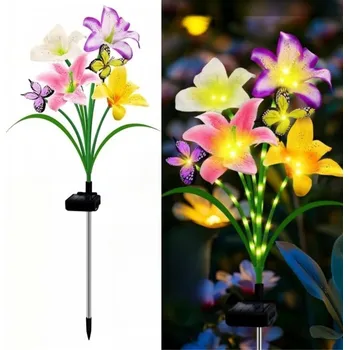 Zahradní dekorace Umělá květina se solárním světlem | Zahradní dekorace | Solární světlo - lilie s motýlem , 2 ks