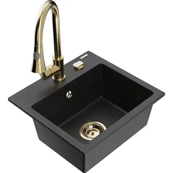 Granitový dřez MEXEN/S - Milo granitový dřez 1-miska včetně baterie Elia, černá/stříbrná metalik 6505-73-670101-50