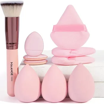 Kosmetický štětec Štětec na makeup a sada houbiček pro konturování | kosmetické pomůcky 1+9 ks - Růžový