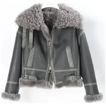 Dámský křivák Kožená dámská bunda s kožešinovým límcem a páskem Barva: Šedá, Velikost: S