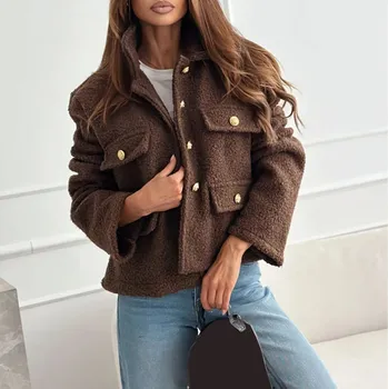 Dámská softshellová bunda vlněný kabát ve volném střihu s klopami a kapsami Barva: Kávová, Velikost: S