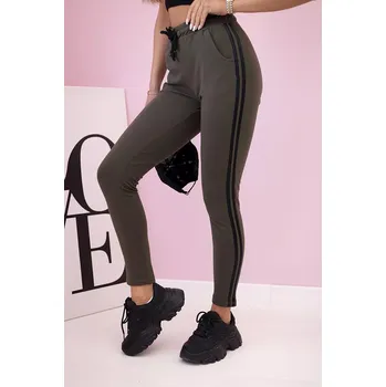 Kesi Dámské tepláky s lampasy a vázáním v pase khaki Kesi černá | kaki 3353113