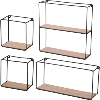 Obývací pokoj DOCHTMANN Sada 4ks nástěnná police kov-dřevo černá