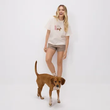 Dámské tričko Reserved - Dvoudílná pyžamová souprava s&nbsp;potiskem - béžová - 082EY-08X - 082EY-08X-XS