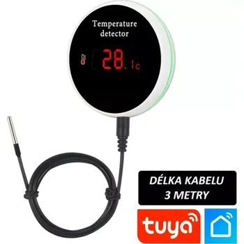 Wifi smart teplotní senzor s digitálním displejem a vzdáleným kabelovým senzorem 3m, rozsah měření -40°C - 120°C, Tuya/Smart Life