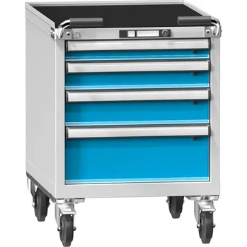 Dílenský stůl POLAK Mobilní kontejner ZEM 59-2, modrošedá RAL 5007, korpus - pastelová modrá RAL 5024, Výsuv a nosnost zásuvek: T - výsuv 100%, nosnost zásuvky 200 kg