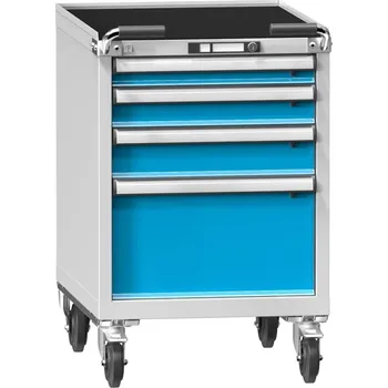 Dílenský stůl POLAK Mobilní kontejner ZEM 69-1, modrošedá RAL 5007, korpus - pastelová modrá RAL 5024, Výsuv a nosnost zásuvek: T - výsuv 100%, nosnost zásuvky 200 kg