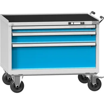 Dílenský stůl POLAK Mobilní kontejner ZGM 59-1, modrošedá RAL 5007, korpus - pastelová modrá RAL 5024, Výsuv a nosnost zásuvek: T - výsuv 100%, nosnost zásuvky 200 kg