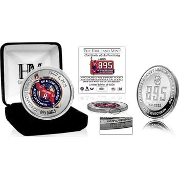 Sběratelský sportovní předmět Highland Mint Sběratelská pamětní mince Alex Ovechkin #8 Washington Capitals NHL The GR8 Chase Scorer 39mm Silver Coin