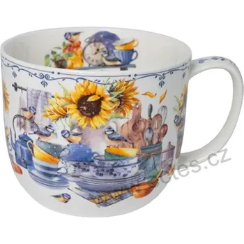 COUNTRY KITCHEN velký porcelánový jumbo hrnek modrobílé nádobí, slunečnice a malé sýkorky