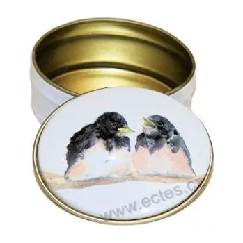 Lékovka SWALLOWS plechová dóza mini lékovka ovál 3222 opeřená mláďata vlaštovek na větvi