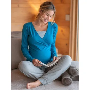 Těhotenské noční prádlo Těhotenské a kojicí pyžamo, dlouhé, tmavý tyrkys + šedý melír M/L