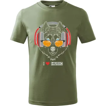 Dětská móda Dětské tričko I love music vlk Velikost: 158/12 let, Barva trička: Khaki