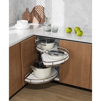 Nábytkové kování Cemux Corner rohové police s tlumením 900 mm bílé dno levá, chrom