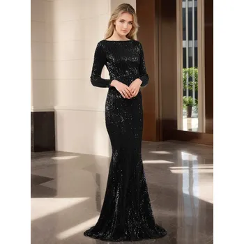 Dámské šaty večerní šaty s flitry a dlouhým rukávem v mořském stylu Barva: Černá, Velikost: M