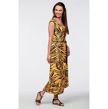 Dámské šaty Delší žluté dámské šaty s větším výstřihem a hnědými listy 7045 velikost 2XL