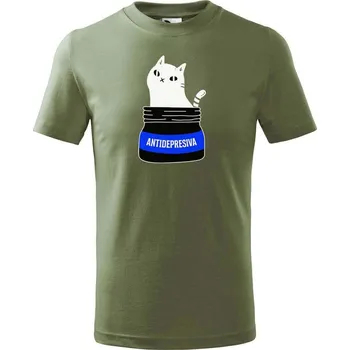 DOBRÝ TRIKO Dětské tričko s kočkou ANTIDEPRESIVA Velikost: 158/12 let, Barva: Khaki