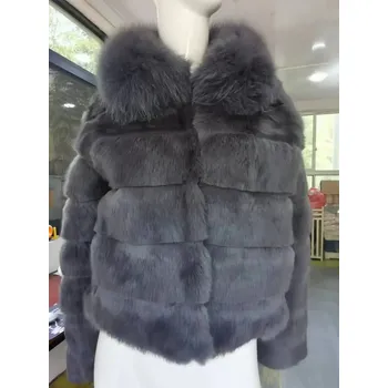 Dámská parka Krátká dámská bunda z králičí a liščí kožešiny Barva: Tmavě Šedá, Velikost: M