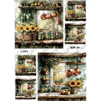 Umělecký papír Rýžový a soft papír na decoupage - Kuchyně okno slunečnice - KB03874 Materiál: Soft, Rozměr: A4