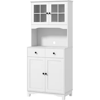 HOMCOM Kuchyňská skříňka vysoká s policí na mikrovlnnou troubu, 2 skříňky, 2 zásuvky, vitrína s nastavitelnými policemi, ochrana proti překlopení, bufetová skříňka do obývacího pokoje, jídelny, bílá