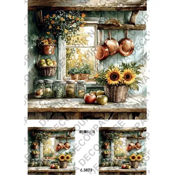 Umělecký papír Rýžový a soft papír na decoupage - Kuchyně okno slunečnice - KB03873 Materiál: Soft, Rozměr: A4