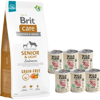 Krmivo pro psa BRIT CARE Dog Grain-free Senior & Light Salmon 12kg + Wild Farm Pate Lamb 6x400g bezlepkové krmivo pro psy