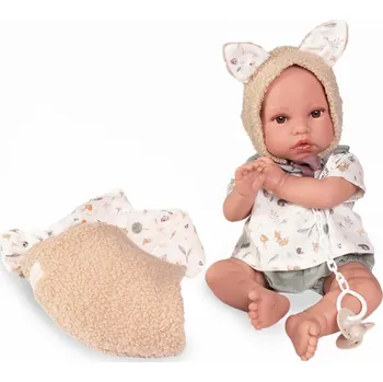 Panenka Realistické miminko - chlapeček Erik v čepici s oušky a s nosítkem od Antonio Juan (Recien Nacido Erik portabebé)