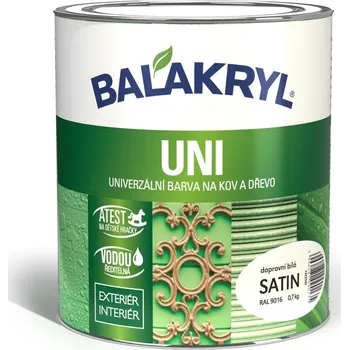 BALAKRYL UNI SATIN vodou ředitelná rychleschnoucí univerzální barva na kov a dřevo 0.7 kg RAL 9016 dopravní bila