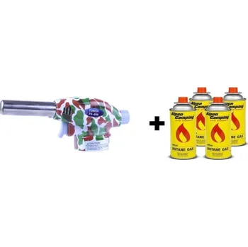 Turistický vařič Opalovací pistole hořák torch khaki a 4ks plynu vhodne na gril pod stan