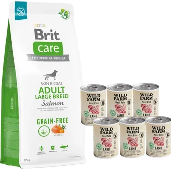Krmivo pro psa BRIT CARE Dog Grain-free Adult Large Breed Salmon 12kg + Wild Farm Pate Lamb 6x400g bezlepkové krmivo pro psy