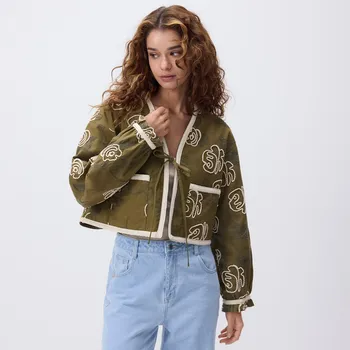 Dámský kabát Reserved - Zavazovací bunda s výšivkou - zelená - YT713-87X - YT713-87X-S