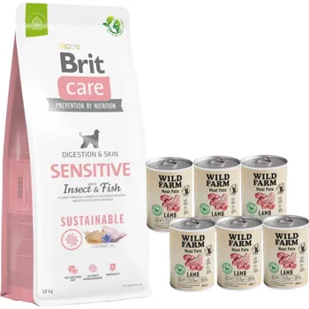 Krmivo pro psa Brit Care Dog Sustainable Sensitive 12kg + Wild Farm Pate Lamb 6x400g bezlepkové krmivo pro psy