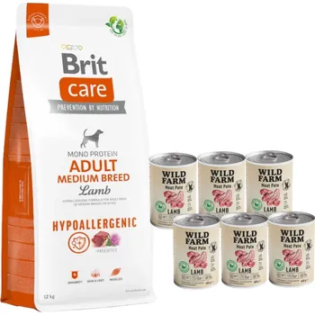 Volný čas Brit Care Hypoallergenic Adult Medium Breed Lamb 12kg + Wild Farm Pate Lamb 6x400g bezlepkové krmivo pro psy