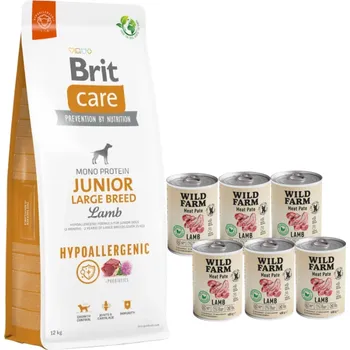 Krmivo pro psa BRIT CARE Dog Hypoallergenic Junior Large Breed Lamb 12kg + Wild Farm Pate Lamb 6x400g bezlepkové krmivo pro psy