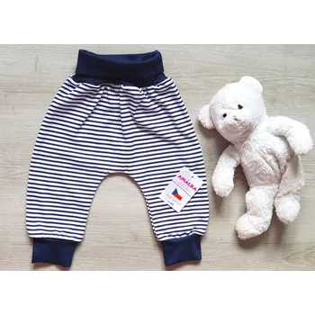 AMÁLKA Bavlněné rostoucí kalhoty, bílé a tmavě modré pruhy Velikost: 92