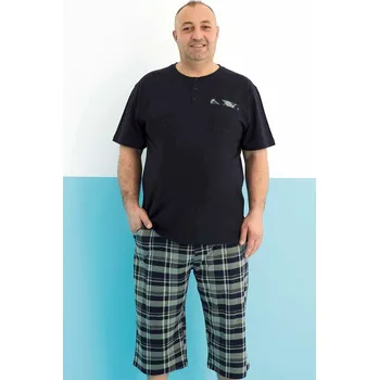 Pánské pyžamo Modré a zeleně kárované pánské pyžamo s krátkým rukávem a delšími kraťasy s knoflíky u krku 1P1957 modrá 3xl