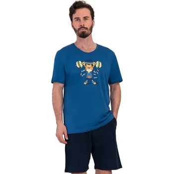 Pánské pyžamo Modré pánské pyžamo s krátkým rukávem a kraťasy - silák kočičák 1P1946 modrá m
