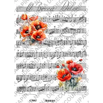 Umělecký papír Rýžový a soft papír na decoupage - Vlčí mák na notovém papíře - KB01062 Materiál: Soft, Rozměr: A4