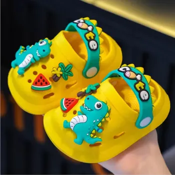 Dětská sálová obuv Protiskluzové pantofle crocs s motivem "Dinosaurus" Barva: Žlutá, Velikost: 12 cm
