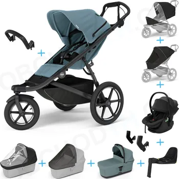 Kočárek Set 10v1 Thule Urban Glide 3 Mid blue s magnetickou sponou + madlo + korbička Mid blue + pláštěnky a moskytiéry Thule + Autosedačka Thule Maple Black s ISOFIX základnou Thule Alfi a adaptéry