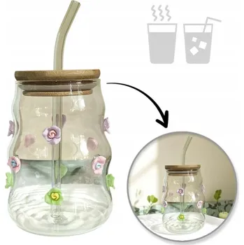 Sklenice SKLENICE 450ML S VLNITÝMI STĚNAMI - SE SLÁMKOU A BAMBUSOVÝM VÍČKEM