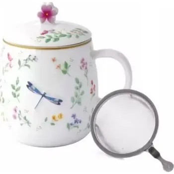 Easy Life, Itálie Easy Life - Porcelánový hrnek se sítkem a víčkem Fancy Garden Vážka - 450 ml Barva: jako na obrázku, Velikost: 18x12