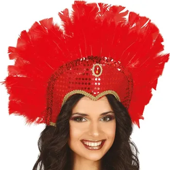 Karnevalový kostým Červená péřová čelenka s flitry Samba