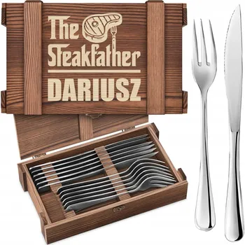 Příbor Sada příborů pro 6 osob na steaky v Pouzdro Gravírování Dárek pro tatínka chlapa