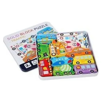 Dřevěná hračka Puzzle drewniane pojazdy w metalowym pudełku