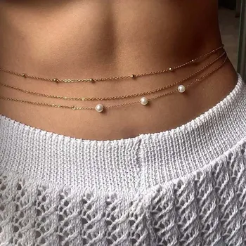 Řetízek Perlový řetěz na tělo | tělový šperk, módní doplněk - Zlato-01
